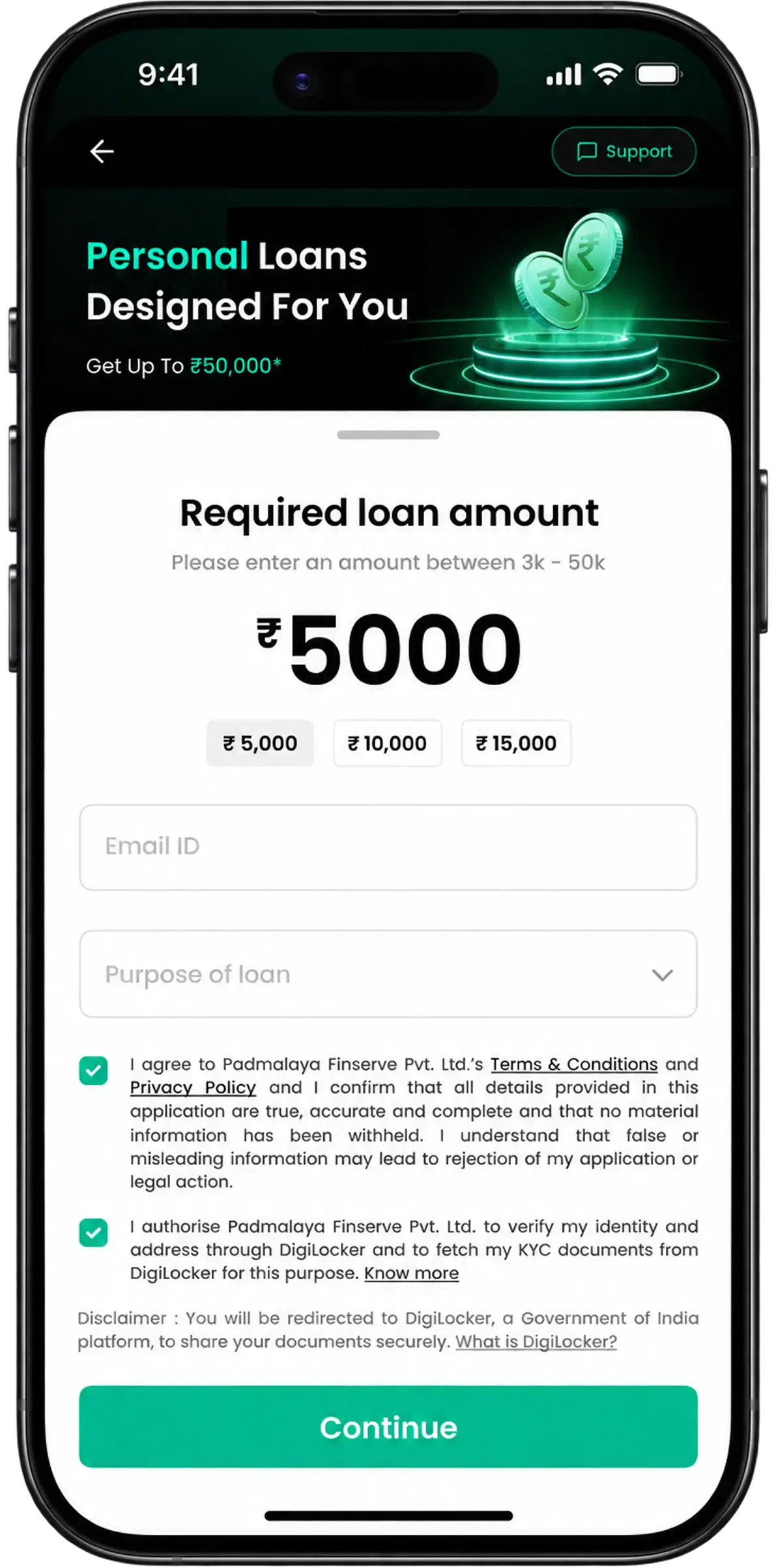 Bridge personal loan application steps on the mobile app